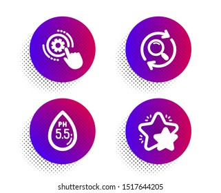 Ph neutral, Cogwheel settings and Search icons simple set. Halftone dots button. Star sign. Water, Engineering tool, Find results. Customer feedback. Technology set. Vector