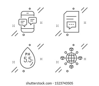 Ph neutral, Comments and Phone messages line icons set. Logistics network sign. Water, Document with speech bubble, Mobile chat. International tracking. Technology set. Vector