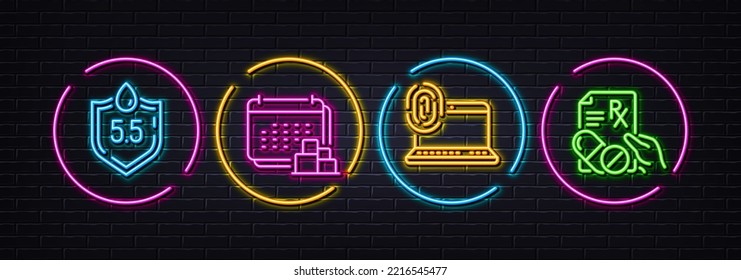 Ph neutral, Computer fingerprint and Delivery minimal line icons. Neon laser 3d lights. Prescription drugs icons. For web, application, printing. Water, Biometric access, Cargo schedule. Pills. Vector