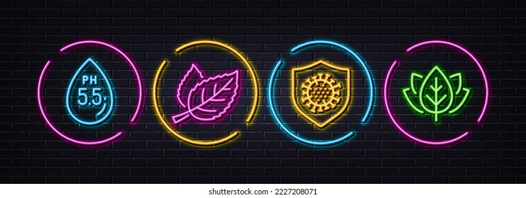 Ph neutral, Coronavirus and Leaf minimal line icons. Neon laser 3d lights. Organic tested icons. For web, application, printing. Water, Covid protection, Nature leaves. Bio ingredients. Vector