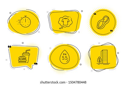 Ph neutral, Hamburger and Buildings signs. Chat bubbles. T-shirt, Cooking timer and Peanut line icons set. Laundry shirt, Stopwatch, Vegetarian nut. Water. Business set. Line t-shirt icon. Vector