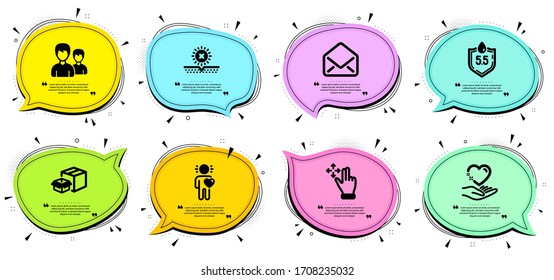 Ph-neutral, Hold-Herz und Packing-Boxen Zeichen. Chatblasen mit Zitaten. Couple, Move gesture und No sun Line Icons Set. Freunde, E-Mail-Symbole. Zwei männliche Benutzer, Swipe. Business Set. Vektorillustration