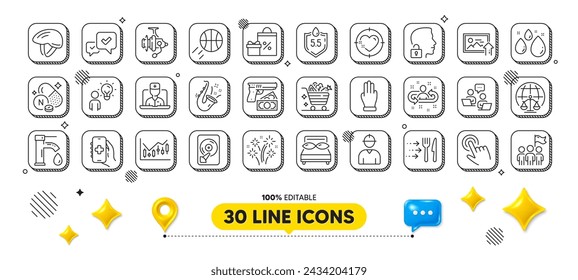 Ph neutral, Jazz and Leadership line icons pack. 3d design elements. Food delivery, Financial diagram, Fireworks web icon. Approve, Bicycle helmet, Three fingers pictogram. Vector