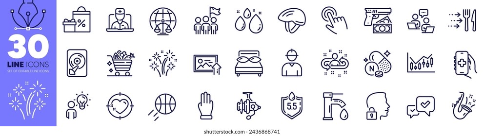 Ph neutral, Jazz and Leadership line icons pack. Food delivery, Financial diagram, Fireworks web icon. Approve, Bicycle helmet, Three fingers pictogram. Unlock system, Heart target, Tap water. Vector