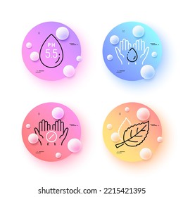 Ph neutral, Medical tablet and Wash hands minimal line icons. 3d spheres or balls buttons. Leaf icons. For web, application, printing. Water, Medicine pill, Skin care. Nature leaves. Vector
