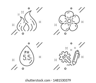 Ph neutral, Natural linen and Fire energy line icons set. Engineering sign. Water, Organic tested, Flame. Construction. Business set. Line ph neutral outline icon. Vector