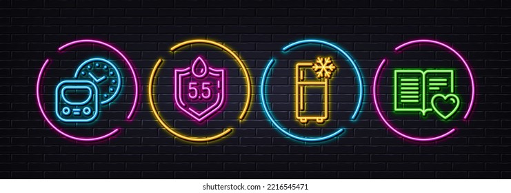 Ph neutral, Refrigerator and Metro minimal line icons. Neon laser 3d lights. Love book icons. For web, application, printing. Water, Kitchen fridge, Subway timetable. Customer feedback. Vector