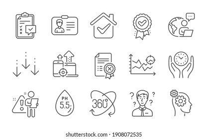 Ph neutral, Seo devices and Support consultant line icons set. Thoughts, Identification card and Safe time signs. Checklist, Reject certificate and Approved award symbols. Line icons set. Vector