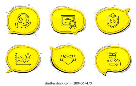 Ph neutral sign. Diploma certificate, save planet chat bubbles. Music phone, Handshake and Ranking stars line icons set. Radio sound, Deal hand, Winner results. Water. Business set. Vector