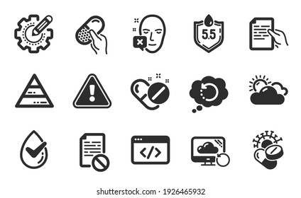 Ph neutral, Wrong file and Medical pills icons simple set. Settings gear, Seo script and Recovery data signs. Pyramid chart, Coronavirus pills and Recovery cloud symbols. Flat icons set. Vector