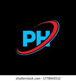 PH P H letter logo design. Initial letter PH linked circle uppercase monogram logo red and blue. PH logo, P H design. ph, p h