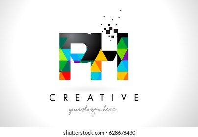 PH P H Letter Logo with Colorful Vivid Triangles Texture Design Vector Illustration.