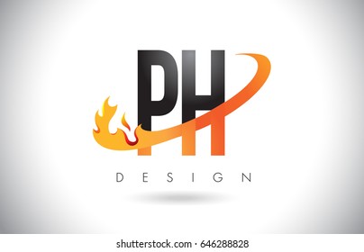 PH P H Letter Logo Design with Fire Flames and Orange Swoosh Vector Illustration.