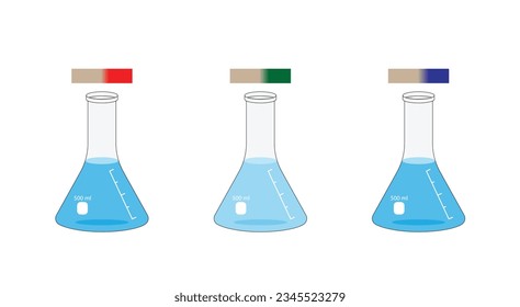 PH paper indicator. Acidic, neutral, basic solutions. Color change of indicator paper to red for acids, to blue for bases and to green for neutral solution. Vector scientific design illustration