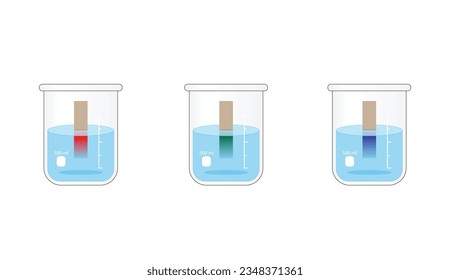 PH paper indicator. Acidic, neutral, basic solutions. Color change of indicator paper to red for acids, to blue for bases and to green for neutral solution. Vector scientific design illustration.