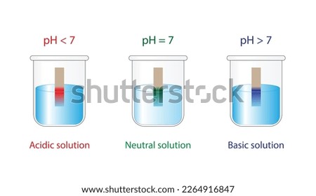 PH paper indicator. Acidic, neutral, basic solutions. Color change of indicator paper to red for acids, to blue for bases and to green for neutral solution. Vector scientific design illustration.