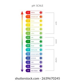 PH Scale chart. Indicator of indications, measurements and table of results. Ph food analysis or chemical test. Flat Vector illustration.