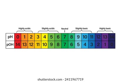 pH scale and pOH scale. ph and pOH scale indicator chart diagram with arrow. Acid and alkaline solutions. acid-base balance infographic. ph and pOH scale on a white background. 