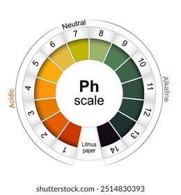 escala de pH. Indicador universal pH. Controle los niveles alcalinos y ácidos. Gráfico de pH redondo de color para papel Litmus. Ilustración vectorial 