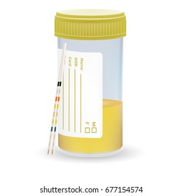 Ph Test Strips, Litmus Paper And Urine In Test Jar Isolated On A White Background. Realistic Vector Illustration.