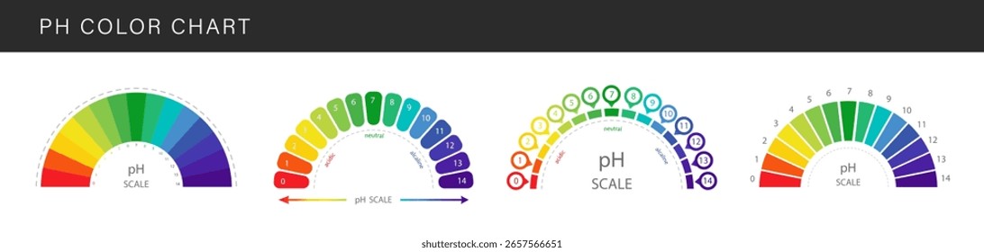 PH value Scale. Set of Color charts with pH level. Scale indicator for litmus paper test. Vector illustration isolated on white background.
