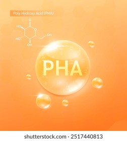 PHA Poly Hydroxy Acid solution orange and chemical structure formula. Serum skin care face for cosmetics ads. Medical beauty science. Vector EPS10.