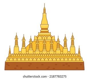 Pha That Luang, Buddhist stupa in Vientiane, Laos. Golden temple, national Lao symbol. Geometric flat line vector illustration.