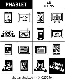 Phablet black white icons set with touchscreen call and selfie symbols flat isolated vector illustration 