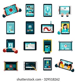  Phablet icons set with music photos and games flat isolated vector illustration 