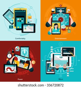 Phablet and tablet icons set with entertainment comfort and work symbols flat isolated vector illustration 