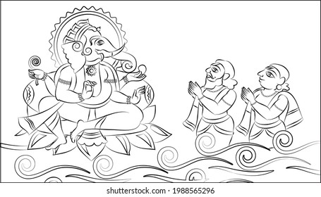 Phad is Indian folk art. The paintings made for storytelling, paintings narrated stories of local deities and rulers. This story is about Lord Ganesha, for textile printing, logo, wallpaper