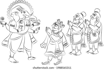 Phad is Indian folk art. The paintings made for storytelling, paintings narrated stories of local deities and rulers. This story is about Lord Ganesha, for textile printing, logo, wallpaper