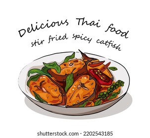 Phad Phed Pla Duk Throd Krob (Stir frited Deep frited Catfish with Curry Paste) köstliche thailändische Küche.