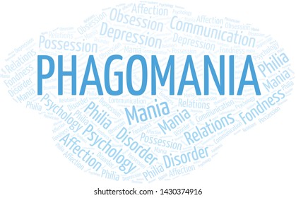 Phagomania word cloud. Type of mania, made with text only.