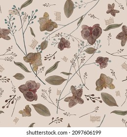 Phalaenopsis orchid in soft pastel colors, flowers, branches, leaves, buds arranged in monochrome on a beige background, vector drawing for all fashion prints