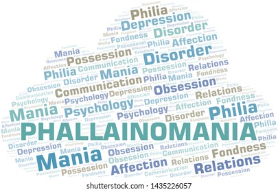 Phallainomania word cloud. Type of mania, made with text only.