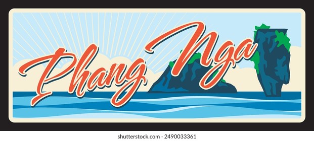 Phang Nga Changwat, Provinz Thailand, Thailändisches Hoheitsgebiet. Vektorgrafik Reiseteller, Vintage-Schild, Retro-Postkartendesign. Karte oder Souvenirplakette mit Inselbucht und Strand, Felsen und Meerblick