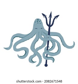 Phantasy monstrous octopus, king of the sea with a trident, magical underwater creature. Fairytale character, deep ocean inhabitant. Hand-drawn isolated vector illustration.