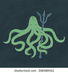 Phantasy monstrous octopus, king of the sea with a trident, magical underwater creature. Fairytale cartoon character, deep ocean inhabitant. Hand-drawn vector illustration.