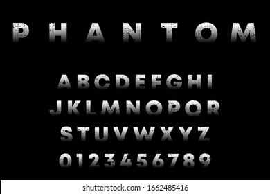 Phantom alphabet template. Letters and numbers with grunge texture. Vector illustration.