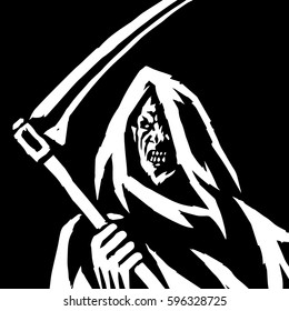Phantom Reaper. Head in the Hood. Black and White Colors.    Isolated Flat Vector Illustration.