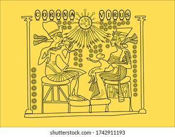 Pharaoh Akhenaten and Queen Nefertiti with children worship to the holy coronavirus instead of Aton caricature humor image