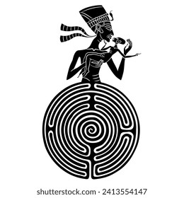 Pharaoh Akhenaton or queen Nefertiti emerging from a round spiral maze or labyrinth symbol and holding a baby. Mystery of ancient Egyptian culture. Black and white silhouette. Creative concept. 