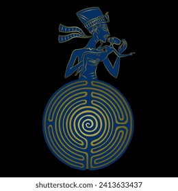 Pharaoh Akhenaton or queen Nefertiti emerging from a round spiral maze or labyrinth symbol and holding a baby. Mystery of ancient Egyptian culture. Gold end blue silhouette on black background.