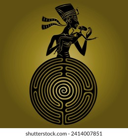 Pharaoh Akhenaton or queen Nefertiti emerging from a round spiral maze or labyrinth symbol and holding a baby. Mystery of ancient Egyptian culture. Black end gold silhouette.