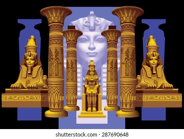 Pharaoh between two sphinxes and four columns