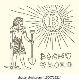 Pharaoh as bitcoin miner standing near shining bitcoin coin as sun conceptual drawing. Old Egyptian style drawing. Line drawing, vector, isolated. 