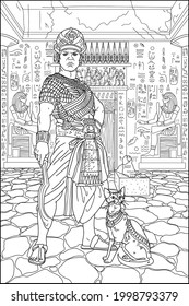 Pharaoh with a cat in the temple. Ancient egypt. Coloring book for adults. Ancient world. Vector image.