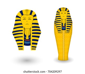 Pharaoh coffin and mask on white, vector design 