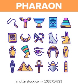 Pharaoh, Egypt King Vector Thin Line Icons Set. Pharaoh Royal Power Symbols Linear Illustrations. Pyramids, Mummy, Hieroglyph. Nefertiti, Anubis Silhouette. Sacred Cat, Scarab Contour Drawings